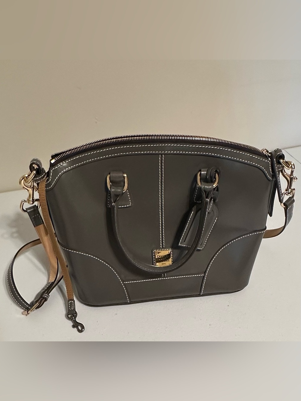 Dooney & Bourke Gray Large Domed SeLeather Satchel with White Stitching New